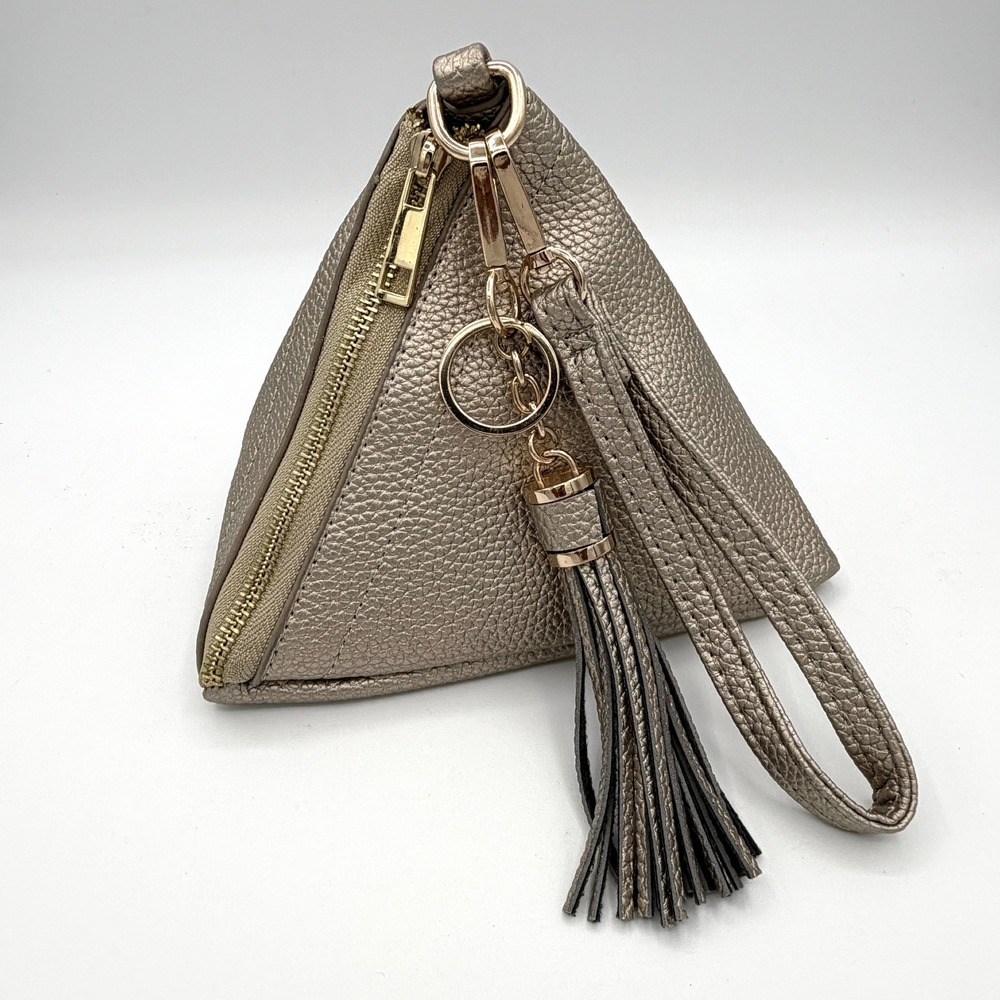 Metallic Champagne Gold Triangle Wristlet Tassel Geometric Clutch Coin Purse 8x7